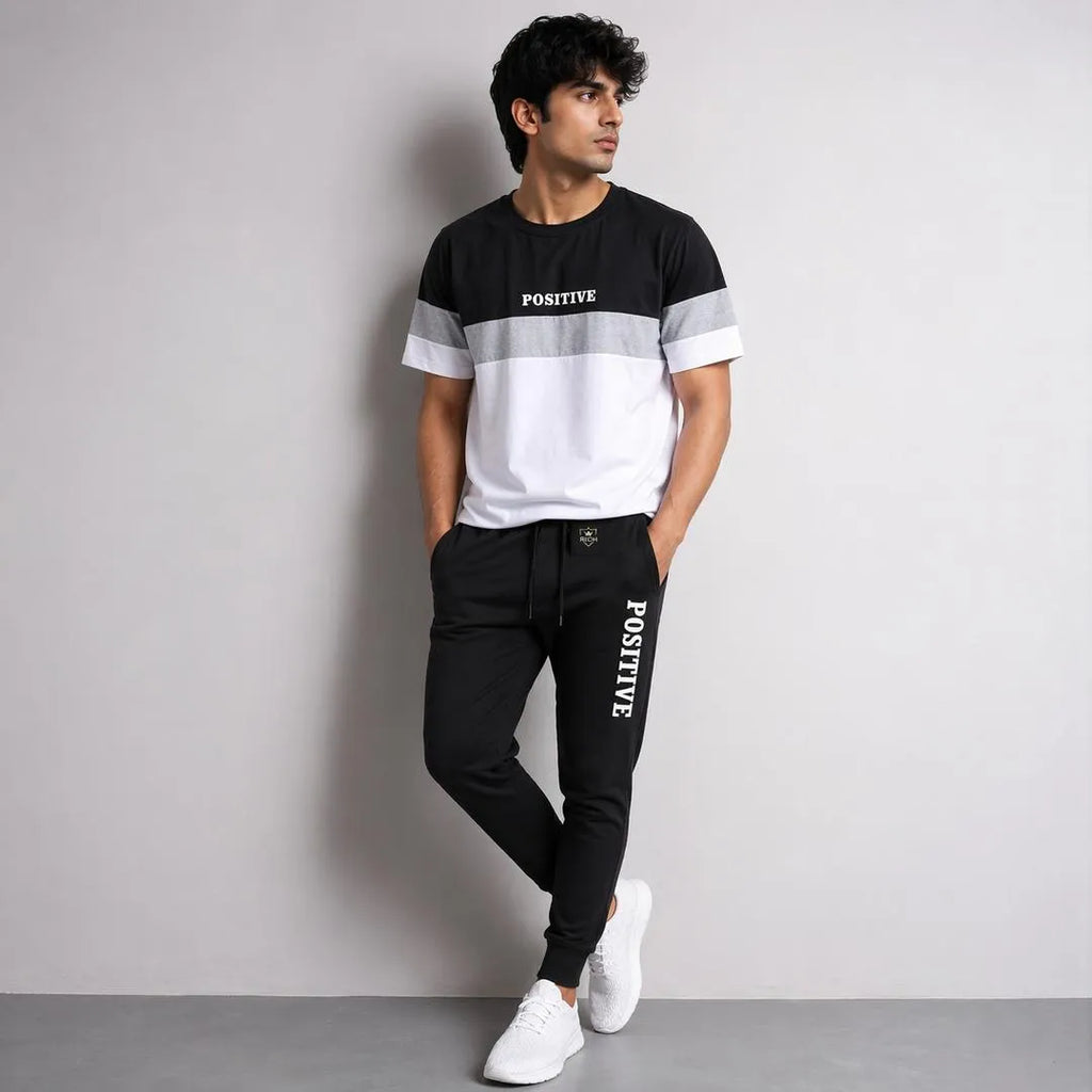 Men "Positive" Printed Tracksuit Black White Slim Fit