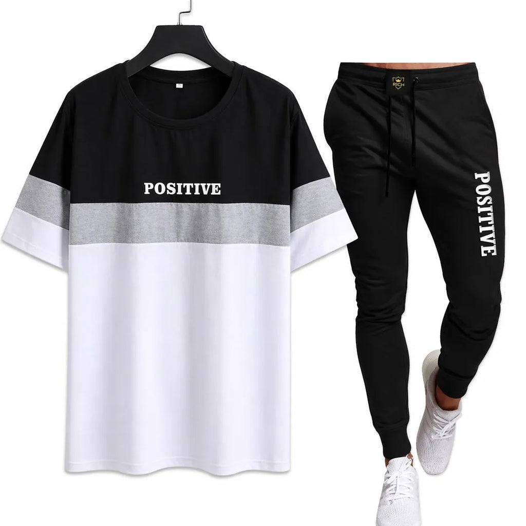 Men "Positive" Printed Tracksuit Black White Slim Fit